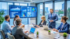 Business Meeting Around Table with Data on Displays.