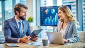 Businesspeople discussing strategy during a meeting.